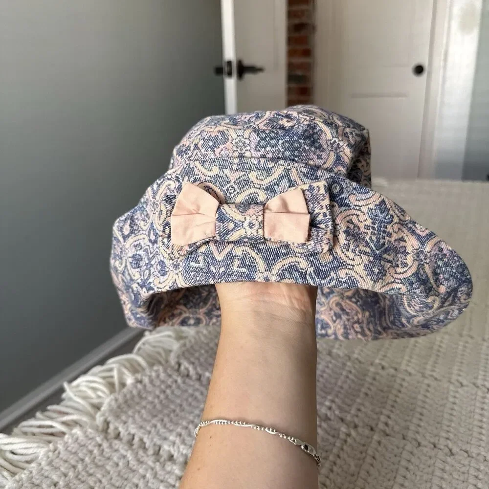 VTG 1990s Children’s Pastel Soft Denim Paisley Bucket Hat With Bow Pink Blue
